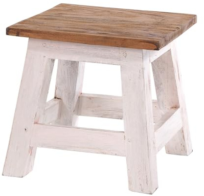 DESIGN DELIGHTS RUSTIKALER Vintage FUSSHOCKER PALO | 27,5x26x26cm (HxBxT), Mahagoni Recyclinholz | Holzhocker, Sitzhocker, Beistelltisch, Blumenhocker | Farbe: 05 weiß-Natur
