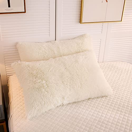 LIFEREVO 2 Pack Cream Faux Fur Pillow Shams,Shaggy Plush Home Decorative Luxury Series Super Soft Furry Pillow Case with Zipper Closure for Home Sofa Couch,Standard (Light Beige,20x26)