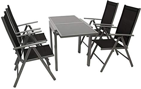 DEGAMO Balkongarnitur Amalfi 5-teilig, 4X Klappsessel aus Aluminium Silbergrau und Textilgewebe schwarz, 1x Ausziehtisch 65/130x65cm grau + Glasplatte dunkelgrau