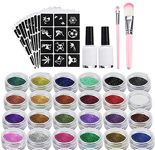 XUBX Glittertatueringssats, 24 färger tillfällig tatueringsset med 120 stencils och 2 borstar & 2 lim, body makeup och nail glitter konstfärger för flickor