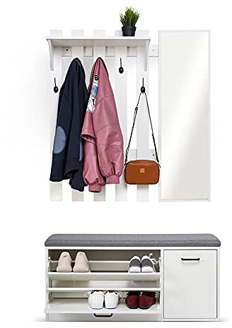Mondeer Garderoben-Set 3-teilig, Flur Garderoben Komplettprogramme mit Schuhschrank, Wandspiegel und Garderobenpaneele, Wandgarderobe mit Ablage, Industriestil, für Flur, Eingangsbereich, Grau & Weiß