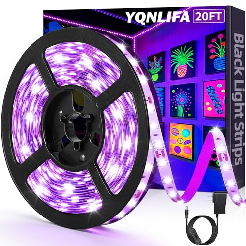 YQNLIFA 20FT Black Light Strip, 360 Lamp Beads, Flexible LED Blacklight Kit, 12V Blacklight Strips, Non-Waterproof for Indoor Decoration,Fluorescent Poster, Glow Party, Birthday, Wedding, Halloween