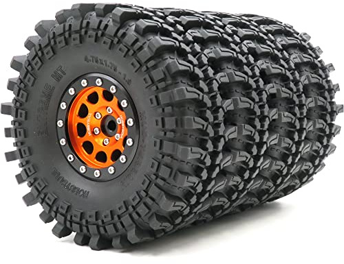 hobbysoul 4pcs RC 1.9 Mud Terrain Tyres Soft Sticky Tires 121mm/4.75inch & Aluminium 1.9 Beadlock Wheels Rims Hex 12mm Orange/Black Color For 1/10 RC Crawler SCX10 TRX4 Gen8