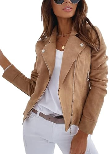 Youning Veste courte mi-saison pour femme, veste de moto pour automne, printemps, légère, veste d'été, col à revers, manches longues, manteau court avec fermeture éclair, kaki, L