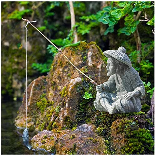 livelyfish Mini Fisherman Statue Asian Zen Decoration Sitting Fishing Figurines Sandstone Vintage Ornament for Aquarium Fish Tank Pot Garden Home Japanese Decor (A)