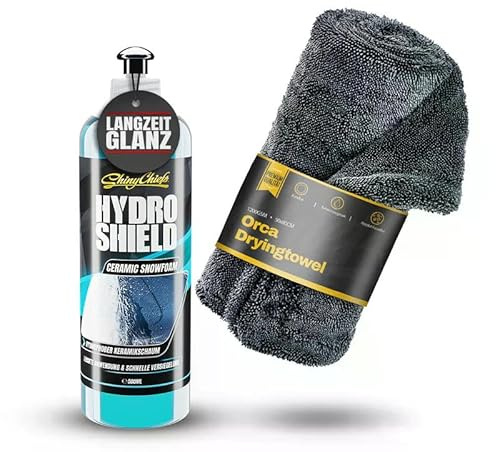 ShinyChiefs HYDRO SHIELD - CERAMIC SNOWFOAM SET - Si02 Auto-Versiegelung mit Hochglanz-Effekt - hydrophobe Keramikbeschichtung für nahezu alle Fahrzeugoberflächen, 500ml mit ORCA DRYINGTOWEL