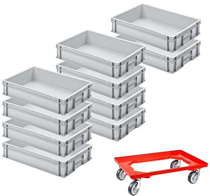 SparSet 10x Eurobehälter mit geschlossenem Griff & 1x Transportroller Rot | HxBxT 12x40x60cm | 21 Liter | Eurobox, Transportbox, Transportbehälter, Stapelbehälter