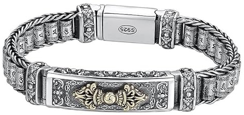 Armband S925 Silber Rotierendes Mantra-Armband mit sechs Zeichen, Vajra-Stößel + Gebetsmühle, Religiöses Armband for Männer und Frauen, Retro-Nostalgie-Glückspaar-Armband, tibetisch-buddhistischer Sch