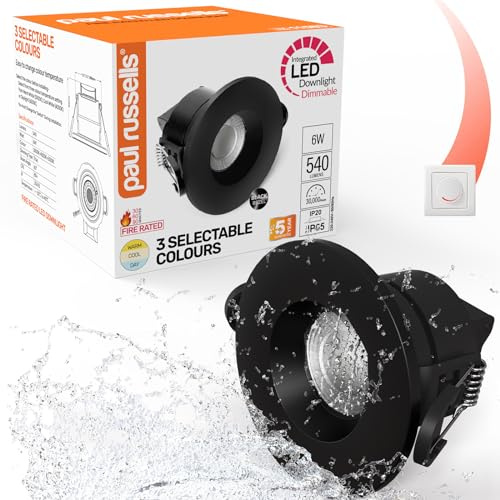 paul russells LED Recessed Downlight, Dimmable Warm/Cool/Day White 3 Adjustable CCT, 6Watt, IP65 Water, Dust & Fireproof Round Spotlight with Fixed Bulb and Black Bezel Ceiling Lights, 1 Pack