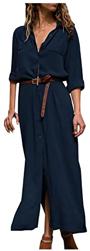 Saymany Hemdtkleid Damen Elegantes Lange Ärmel Kleider Regular Fit Lockeres Tunikakleid Fließend Swingkleid Langärmliges Maxikleid Skaterkleid Taille Hemdkleid Lässige Cocktailkleid mit Knopf