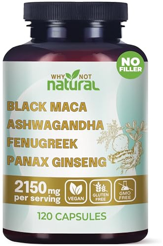 Why Not Natural 4-in-1 Organic Black Maca Root, Ashwagandha, Fenugreek, Panax Ginseng Capsules, Supplement for Men and Women