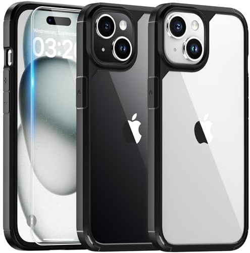 TAURI Cover per iPhone 15 con Pellicola in Vetro Temperato,Trasparente Custodia per Sottile Anticaduta - Nero