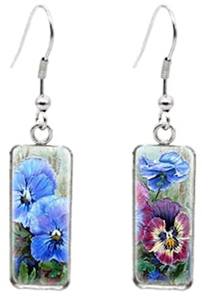 Color Pansy Rectangular Earring Flower Pattern Painting Fish Hook Earrings Glass Cabochon Handmade Jewelry