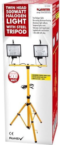 BARGAINS-GALORE 500W Twin Head Telescopic Halogen Floodlight - Work Site Flood Watt Work Light | with Steel Tripod | Multi Purpose DIY, Indoor & Outdoor Lighting, Bright Lights