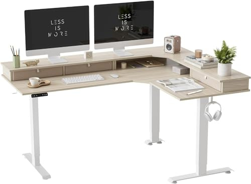 FEZIBO DREI Motoren Schreibtisch Höhenverstellbar Elektrisch mit 3 obere Schublade, L Form Stehpult, Links und rechts austauschbar, 160 x 120 cm eckschreibtisch, Weiß Rahmen/Heller Walnuss Tischplatte