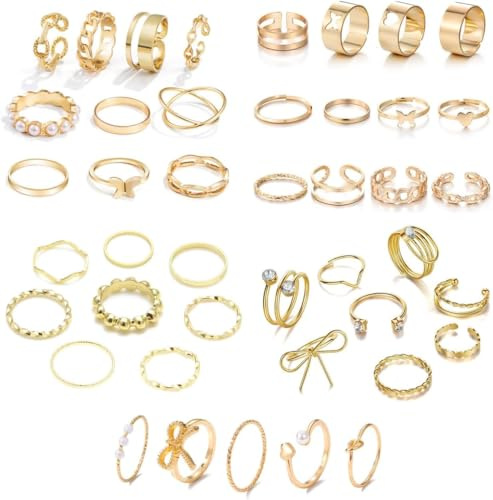FDEETY Damen Ringe Set Verstellbar Schleife Schmetterling Herz Kristall Perlen Schmuck Goldfarben Knöchelringe Stapelringe Midi Ringe