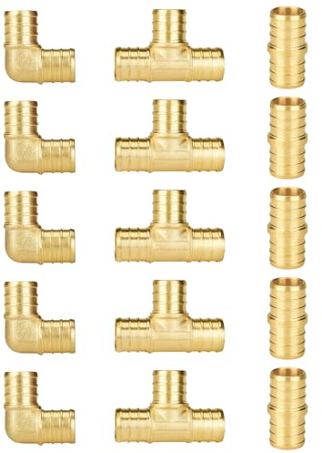 SUNGATOR 15-Pack 3/4 Inch PEX Fittings, 5 Each Elbow Tee Coupling, No Lead Brass Pex Fittings 3/4 Inch Assortment, UPC, NSF Certified