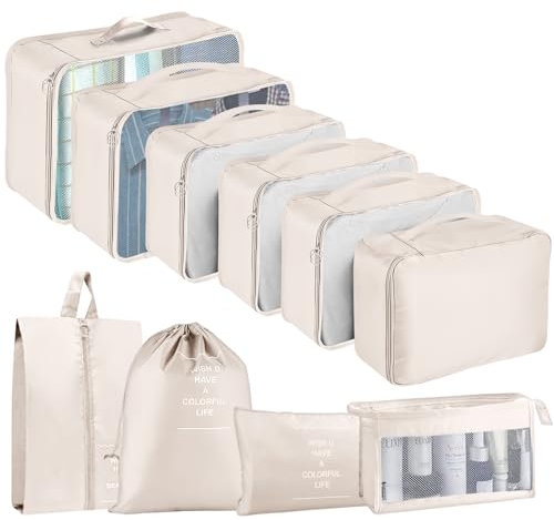 Koffer Organizer Set, 10 Stück Packing Cubes for Suitcase Travel Accessories Kofferorganizer Set Kleidertaschen Packwürfel Kosmetik Travel Organizer Packtaschen für Koffer (Beige)