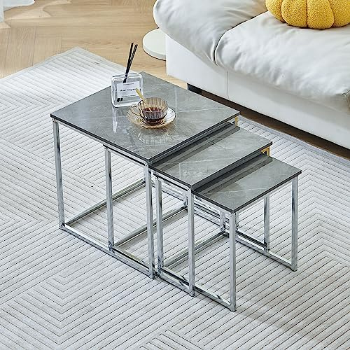 Rainbow Tree Set of 3 Grey Marble Nesting Coffee Tables for Living Room, High Gloss Nest of 3 Nested Tables Sofa Side Table Coffee Table End Tables Square Space Saving