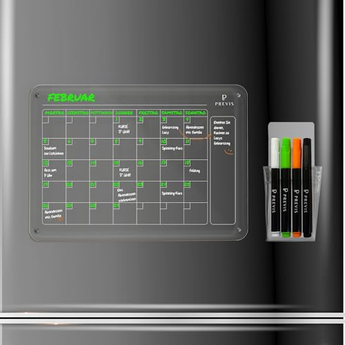 PREVIS BRAND Magnetisk kalender A4 transparent kylskåp (21 x 30 cm) 4 markörer mycket fin spets, transparent skiffer, magnetisk, kylskåp, magnetisk, Acrilyc, månadsplanerare, organisatör