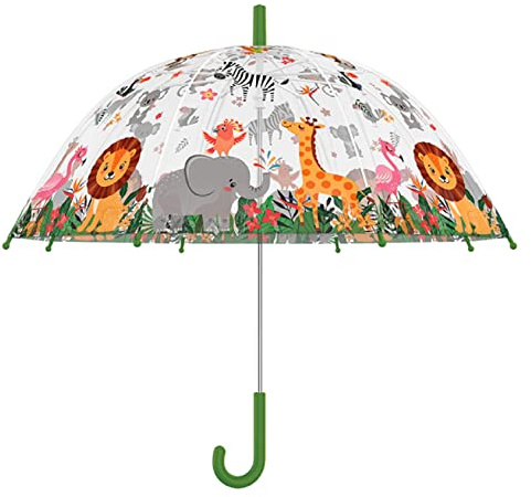 Kinder Regenschirm transparent mit DSCHUNGEL Motiven und grünem Griff