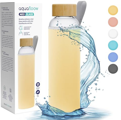 Aquafloow Borraccia con Custodia 700 ml in Vetro, Borosilicato Trasparente con Coperchio Protettivo e Tappo a Vite | Ideale per Lavoro, Scuola, Fitnes – Giallo