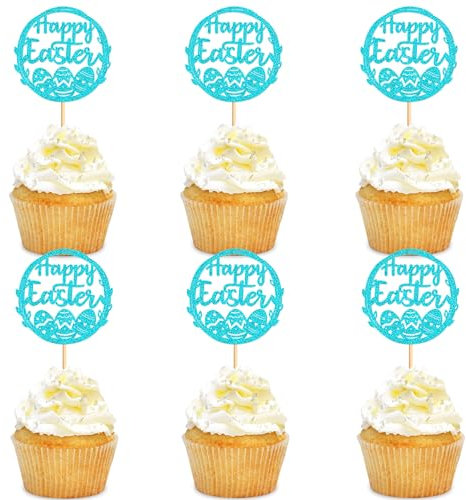Blumomon 24Pcs Easter Eggs Cupcakes Blue Glitter Happy Easter Cupcake Toppers Egg Cupcake Toppers for Easter Party Cake Decorations …