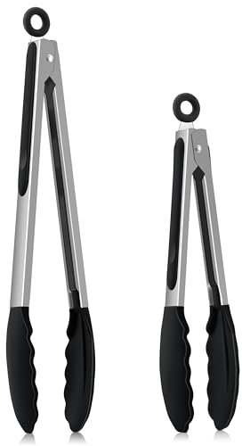 Homikit Küchenzange, Edelstahl Kochzange Grillzange 2er Set mit Hitzebeständige Silikongriff, Schwarz Antihaft Silikonspitze, 30,3cm & 23,7cm Fleischzange mit Verriegelung zum Kochen Grillen Servieren