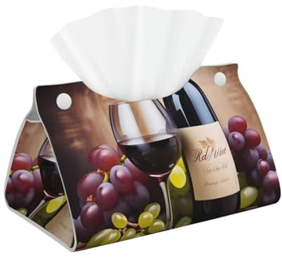 Taschentuchbox aus Leder, faltbar, Aufbewahrung für Schreibtisch, Zuhause, Spa, Büro, Badezimmer, Schlafzimmer, Schminktisch, Nachttisch, Schreibtisch, Auto, Rotwein-Galssen und Trauben, mit Holzbild