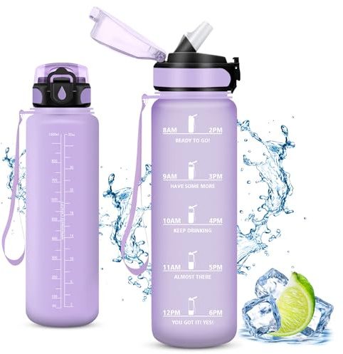 Vikaster Trinkflasche Fahrrad, Water Bottle with Straw 1 Litre, Trinkflasche Leak-Proof, BPA-Free, Sportflasche für Camping, Yoga, Gym, Schule, Outdoors