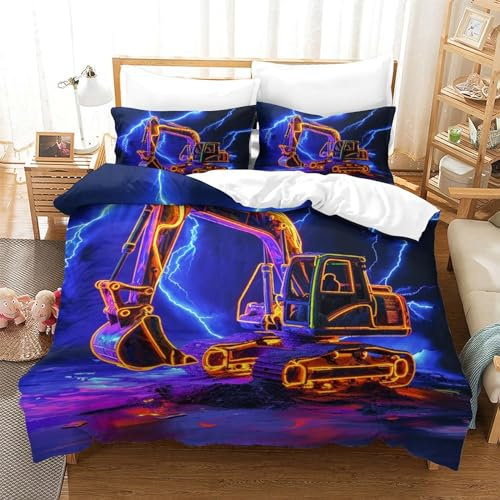 CYYYDM Bagger 3D-Bettwäsche-Set,für Jungen, Mädchen, Technisches Fahrzeug Kinder Bettwäsche-Set, Steppdeckenbezug Single（140x200cm）