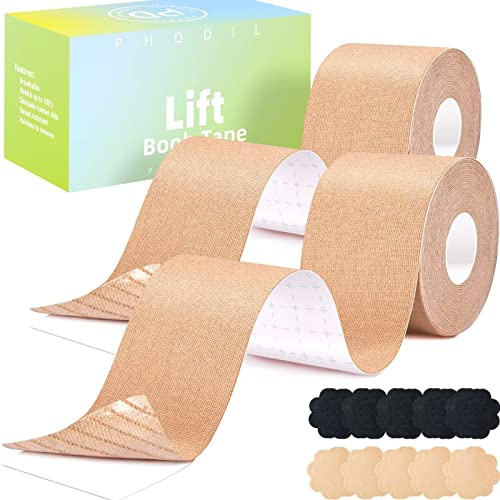 PHODIL 2er-Pack Brust Tape für Grosse Brüste,Boob Tape Push Up,Klebe BH Boobietape Wiederverwendbare Tape Brust Unter der Kleidung(Beige+Beige/2)