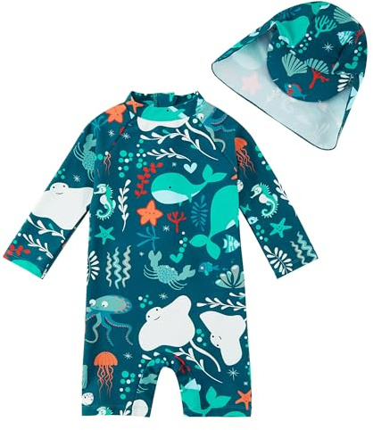 upandfast Maillot de Bain Une pièce avec Fermetures éclair pour bébé garçons Maillot de Bain pour bébé Protection Solaire UPF 50+ avec Chapeau de Soleil