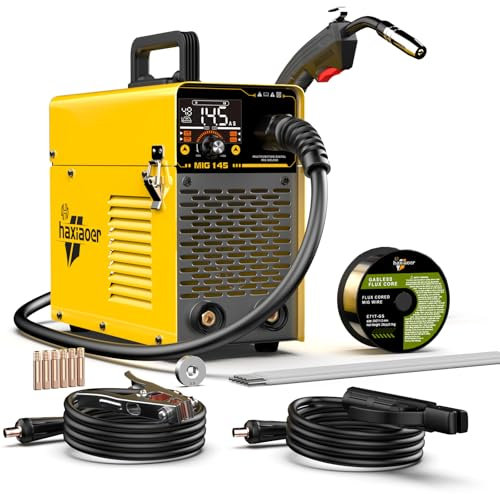HAXIAOER 145A Fülldraht Schweißgerät Ohne Gas, 3-In-1 Fülldraht Schweißgerät mit ARC/Flux MIG/MMA Lift WIG - Funktion, Kompakt Inverter Schweißgerät, LED Licht, Synergischer Drahtvorschub