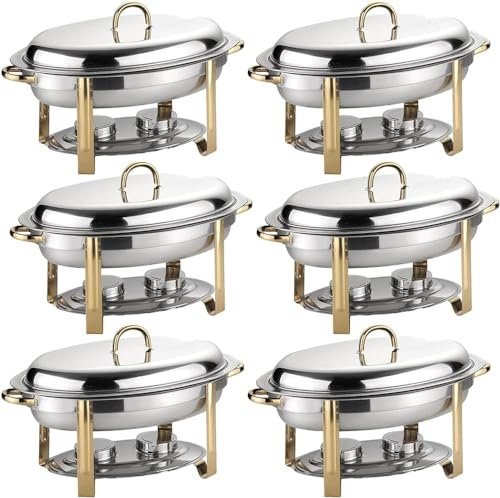 Stainless Steel Buffet Warmer Tray Set - 6L Oval Chafing Dish For Weddings, Caterings, Parties - Includes Food Pan, Water Pan, Fuel Holders - Available In 2/4/5/6 Pack Size(Size:6 Pack)