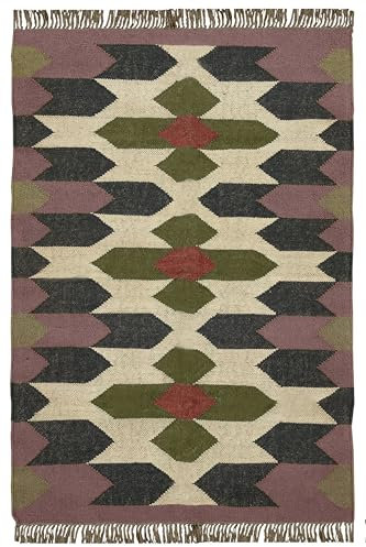 CASAVANI Handgefertigter Woll-Jute-Teppich, große Fläche, 20,3 x 25,4 cm – schwarzer, rötlicher, grauer Teppich, indische Naturwolle, Jute, handgewebter Flachgewebe-Teppich für Schlafzimmer,