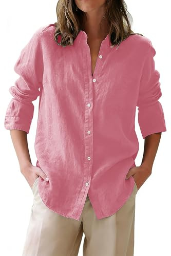 siliteelon Button Down Shirts for Women Oxford Shirt Cotton Dress Shirts Collared Long Sleeve Wrinkle Free Blouse Tops-Rose Pink M