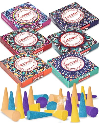 Incense Cones Set - Lavender, Jasmine, Sandalwood, Palo Santo, Rose, White Sage for Meditation & Yoga
