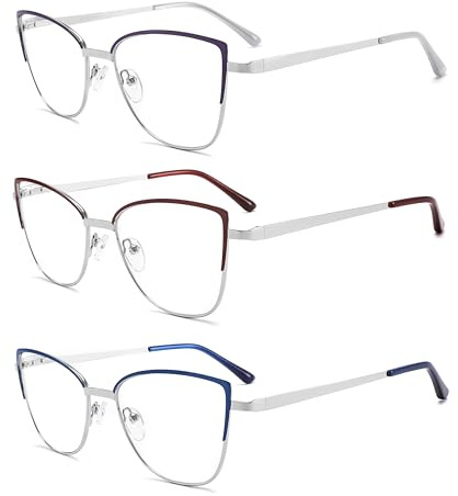 MODFANS Un Pack de 3 Gafas de Lectura Mujer Anti Luz Azul,Metal Acero Inoxidable,Lente Clara,Vision Clara,Ligeras Comodas,Colores Mezclados