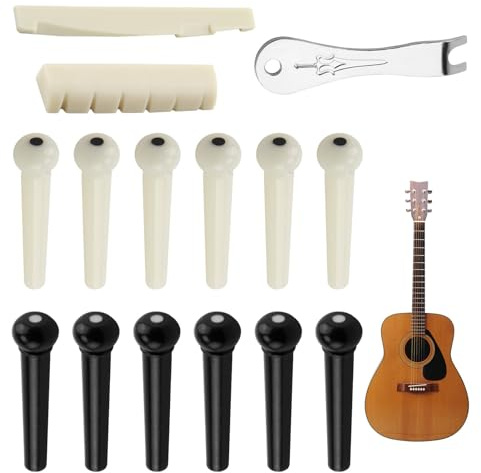 12 Stück Gitarre Pins Brücke Kunststoff Gitarre Bridge mit 2 PCS Gitarrensteg Sattel, 2 Gitarrensätteln, Stegpin-Entferner und Einbauwerkzeug, ideal für Akustikgitarren – Verbessert Tonqualität