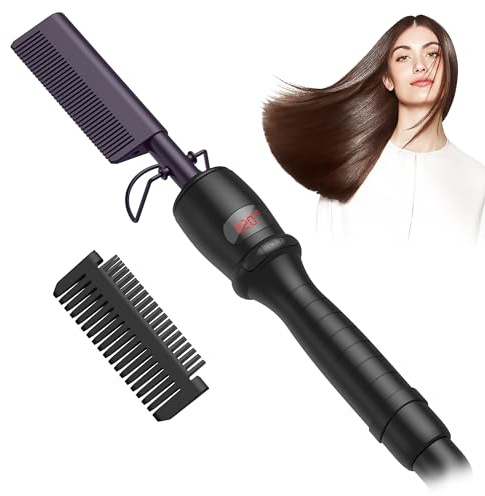 Hot Comb for Wigs Afro Hair Beard Curly Electric Copper Hot Comb Hair Straighteners Styling Appliances Heated Press Comb Adjustable Temperature with LCD Display, Dark-Purple/Black