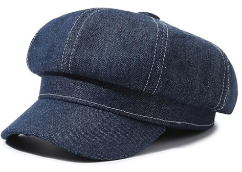 Dam Newsboy keps sommar basker keps 8 paneler vintage cabbie-hatt – åttkantig visir keps, dam denim nyhetspojke keps visir basker hatt cabbie keps, marinblå, L