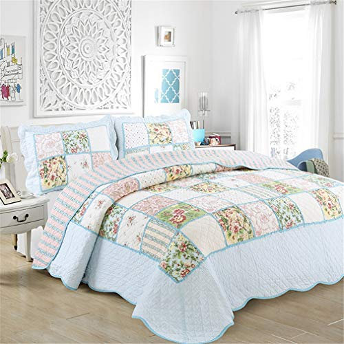 UQACHG Patchwork-Gesteppte Tagesdecke, Bettüberwurf, 3-Teiliges Bettwäscheset, Blau, Wendbar, Bedruckt, Blumenmuster, Leichtes Steppdeckenset, Inklusive Bettdecke Und 2 Kissenbezügen