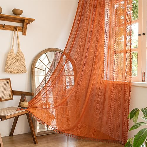 Sutuo Home Boho-Vorhänge ca. 229 cm lang, für Schlafzimmer, Wohnzimmer, Häkelspitze, transparent, mit Fransen, Vorhänge, Stangendurchzug, 1 Vorhang ca.150 x 229 cm (B x L), Burnt Orange (Orangefarben)