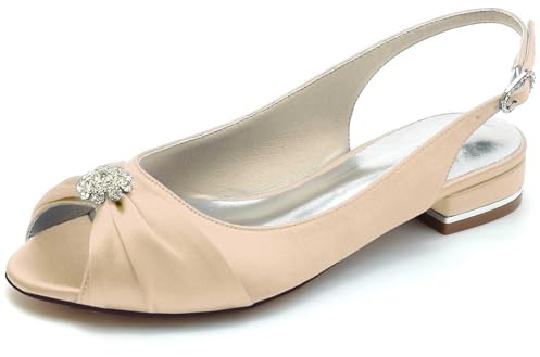 TarfiC Low Heels Women Women's Flat Knit Satin Dress Shoes with Rhinestones Peep-Toe & Round-Toe Options, Buckle Detail Ballerina Flats - Low-Profile, Comfortable Champagne