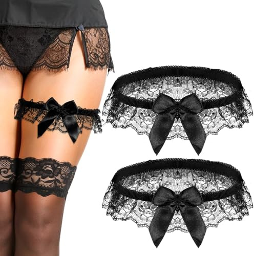 2Pcs Wedding Garter for Bride, Lace Bowknot Garter Party Prom Leg Belt Black Bowknot Elastic Leg Ring for Bride(Black)