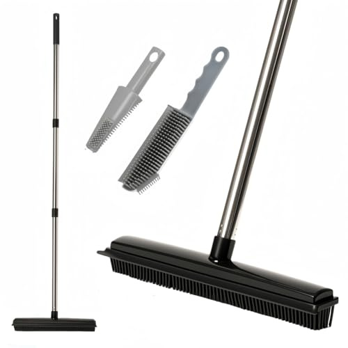 2 in 1 Gummibesen mit Rakel, verstellbarer Langstielgummis Besen | Bodenscheuerbürste, für Haustiere, Katzen, Hunde, Haarentfernung, Teppich, Küche, Garten, Hof, Fensterreinigung, Schwarz
