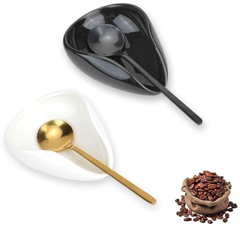 Jiayaus 4 Pcs Coffee Spoon Rest and Spoon, Ceramic Spoon Holder | Small Teaspoon Rest, Tea Spoon Holder, Coffee Station Accessories for Kitchen Counter, Black & White