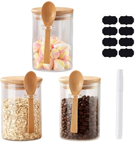 Tel Charme * 3-Pack Glass Jars with Wooden Lids & Spoon, Airtight Food Storage Containers for Overnight Oats, Yogurt, Salad, Cereal, Nuts, Chia Pudding (17oz/500ml)