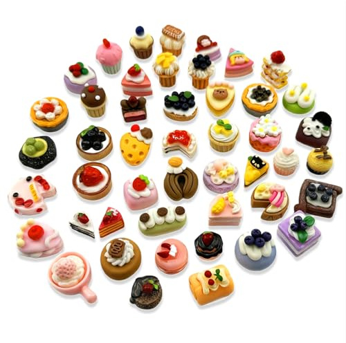 Werownsgso Lot de 50 accessoires miniatures pour maison de poupée - En résine - Pour gâteau, pain, crème glacée, beignets, mini repas - 1/12 - Accessoires de cuisine miniatures pour nourriture, fête